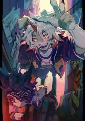 Rule 34 | 2boys, aak (arknights), animal ears, arknights, black claws, candy, claws, ear piercing, fangs, food, furry, furry male, furry with furry, graffiti, headband, highres, holding, holding candy, holding food, holding lollipop, horns, hung (arknights), jacket, jewelry, lollipop, looking at viewer, multicolored hair, multiple boys, mythological creature, necklace, open mouth, piercing, poster (object), single horn, streaked hair, tail, v, xiao (creation0528)