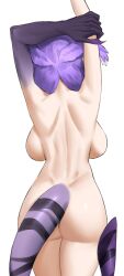 Rule 34 | 1girl, arms up, ass, asymmetrical arms, back, back focus, backboob, breasts, completely nude, dragon girl, dragon tail, from behind, head wings, highres, large breasts, medium hair, nijisanji, nijisanji en, nude, purple hair, purple wings, selen tatsuki, shou illust, simple background, solo, stretching, tail, virtual youtuber, white background, wings