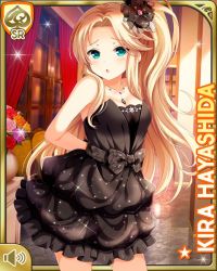 Rule 34 | 1girl, :o, bare arms, bare legs, black bow, black dress, blonde hair, bow, breasts, card (medium), cleavage, dress, girlfriend (kari), green eyes, hair ornament, hair tie, hayashida kira, indoors, jewelry, mansion, necklace, night, official art, open mouth, qp:flapper, side ponytail