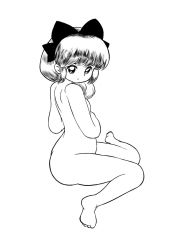 Rule 34 | 1980s (style), 1girl, bad id, bad twitter id, barefoot, bow, commentary request, completely nude, greyscale, hair bow, hakurei reimu, highres, looking at viewer, monochrome, nude, oldschool, retro artstyle, short hair, simple background, sitting, takemoto izumi (style), touhou, wariza, white background, yatyou