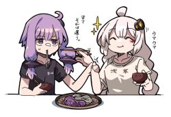 Rule 34 | 2girls, ahoge, alternate costume, black shirt, blush stickers, bowl, braid, casual, chopsticks, closed mouth, collarbone, commentary request, datemegane, facing another, food, full mouth, hair as food, hair ornament, hand up, holding, holding another&#039;s hair, holding another&#039;s wrist, holding bowl, holding chopsticks, invisible table, kizuna akari, long hair, looking at another, multiple girls, noodles, purple eyes, purple hair, shirt, short hair with long locks, short sleeves, smile, soumen, sparkle, sweatdrop, translation request, twin braids, upper body, vocaloid, voiceroid, white hair, white shirt, yuzuki yukari
