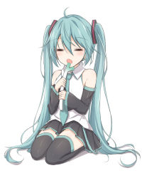 Rule 34 | 1girl, akira (been0328), aqua eyes, aqua hair, aqua necktie, bad id, bad pixiv id, bare shoulders, belt, blush, closed eyes, detached sleeves, food, full body, hair ornament, hatsune miku, holding, holding food, holding spring onion, holding vegetable, long hair, necktie, open mouth, seiza, shirt, simple background, sitting, skirt, solo, spring onion, thighhighs, twintails, vegetable, very long hair, vocaloid, white background, white shirt, zettai ryouiki