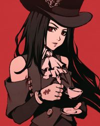 Rule 34 | 1boy, androgynous, black hair, choker, fingerless gloves, formal, gloves, guilty gear, guilty gear strive, hat, long hair, looking at viewer, midriff, moshimoshibe, red eyes, simple background, solo, tea, testament (guilty gear), trap