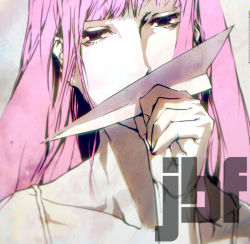 Rule 34 | 1girl, alternate hairstyle, close-up, female focus, gradient background, green eyes, just be friends (vocaloid), long hair, megurine luka, nagimiso, paper airplane, pink hair, pink theme, portrait, solo, vocaloid