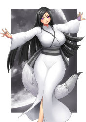 Rule 34 | 1girl, black hair, blush, border, breasts, bridal gauntlets, commission, dress, erkaz, feet out of frame, fox tail, highres, huge breasts, long hair, long sleeves, looking at viewer, moon, obi, original, outstretched arms, parted lips, purple eyes, sash, smile, solo, standing, tail, very long hair, white border, white dress, white fur