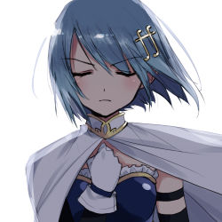 Rule 34 | 1girl, bad id, bad pixiv id, blue hair, cape, closed eyes, female focus, fortissimo, gloves, hair ornament, highres, magical girl, mahou shoujo madoka magica, mahou shoujo madoka magica (anime), miki sayaka, miki sayaka (magical girl), misteor, musical note, musical note hair ornament, short hair, simple background, solo, upper body, white background, white cape, white gloves