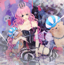 Rule 34 | 1girl, bandages, bare shoulders, bat (symbol), breasts, chain, character doll, cleavage, crown, female focus, ghost, kumacy, kuraigana island, limine, long hair, one piece, patterned legwear, perona, pink hair, red footwear, reflection, shoes, sitting, solo, striped clothes, striped thighhighs, thighhighs, two-tone stripes, umbrella, watch, wristwatch