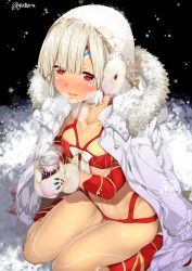 Rule 34 | 1girl, altera (fate), altera the santa (fate), blush, can, choker, coat, commentary request, dark-skinned female, dark skin, detached sleeves, earmuffs, fate/grand order, fate (series), fur trim, gintarou (kurousagi108), holding, jacket, jacket on shoulders, mittens, navel, open mouth, red choker, red eyes, short hair, sitting, smile, snow, solo, veil, wariza, white hair, white mittens