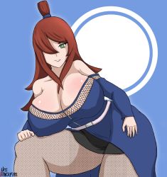 Rule 34 | 1girl, blue background, breasts, brown hair, cleavage, eyebrows, eyelashes, female focus, green eyes, hair tie, highres, huge breasts, lipstick, long hair, makeup, naruto, naruto (series), naruto shippuuden, navel, neck, smile, solo, terumi mei