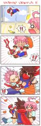 Rule 34 | !, !!, &gt; &lt;, 1boy, 1girl, 4koma, ahoge, aino heart, arcana heart, banana peel, blush, brown eyes, brown hair, carrying, comic, crossover, falling, heart, heart ahoge, highres, legs, necktie, o o, open mouth, panicking, pants, pink hair, pointy hair, princess carry, scarf, school swimsuit, short hair, skirt, smile, spelunker, strider (video game), strider hiryuu, surprised, swimsuit, thighs, tripping, window