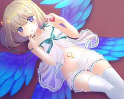 Rule 34 | 1boy, babydoll, beatmania, beatmania iidx, blonde hair, blue eyes, blue wings, brown background, collarbone, cream, cream on body, cream on face, eyebrows, feathered wings, flat chest, food, food on face, groin, highres, long hair, lying, male focus, mars symbol, miji (citronism), navel, on back, rche (beatmania), see-through, sexually suggestive, shorts, simple background, solo, thighhighs, trap, white shorts, white thighhighs, wings
