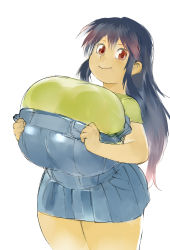 Rule 34 | 1girl, blue hair, grabbing another&#039;s breast, breasts, bursting breasts, fat, female focus, gigantic breasts, grabbing, long hair, overalls, plump, red eyes, skirt, smile, tixil, wide hips
