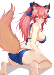 Rule 34 | 1girl, animal ear fluff, animal ears, ass, bikini, blue bikini, blue bow, blue ribbon, blush, bow, breasts, fate/grand order, fate (series), fox ears, fox girl, fox tail, hair ribbon, highres, large breasts, looking at viewer, looking back, pink hair, ponytail, ribbon, sabi1234, simple background, sitting, solo, swimsuit, tail, tamamo (fate), tamamo no mae (fate/extra), white background, yellow eyes