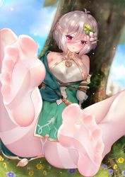 Rule 34 | 1girl, blush, feet, foot focus, highres, kokkoro (princess connect!), looking at viewer, medium hair, panties, panties under pantyhose, pantyhose, pantyshot, parted lips, pink eyes, pointy ears, princess connect!, silver hair, soles, toes, tree, underwear, white pantyhose