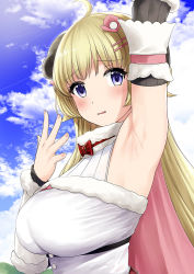 Rule 34 | 1girl, ahoge, arm up, armpits, belt, blonde hair, blue eyes, blush, breasts, buttons, cape, curled horns, detached sleeves, dress, embarrassed, eyelashes, fingernails, fur-trimmed dress, fur trim, hair ornament, hands up, highres, hololive, horns, large breasts, long hair, ribbon, sheep girl, sheep horns, sky, solo, tsunomaki watame, tsunomaki watame (1st costume), virtual youtuber, wavy mouth, white dress, xter