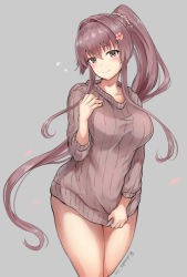 Rule 34 | 1girl, blush, breasts, brown hair, brown sweater, closed mouth, flower, grey background, hair between eyes, hair flower, hair ornament, kantai collection, large breasts, long hair, naked sweater, no panties, oonaka ito, ponytail, simple background, smile, solo, sweater, very long hair, yamato (kancolle)