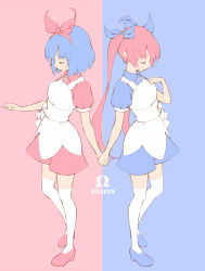 Rule 34 | 2girls, blue background, blue bow, blue dress, blue footwear, blue hair, bow, closed eyes, collared dress, copyright request, dress, full body, hair bow, hair ribbon, hand up, highres, holding hands, jonsun, libra (symbol), long hair, multiple girls, omega ray, omega rio, omega sisters, parted lips, pink background, pink dress, pink footwear, pink hair, pink ribbon, profile, puffy short sleeves, puffy sleeves, ribbon, shoes, short hair, short sleeves, standing, thighhighs, twintails, two-tone background, very long hair, virtual youtuber, white legwear, zodiac
