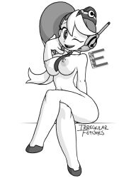 Rule 34 | 1girl, ;), android, artist name, breasts, call (mighty no. 9), call e, detached collar, garrison cap, greyscale, hand gesture, hat, headset, irregular fetishes, large breasts, crossed legs, mighty no. 9, monochrome, naked necktie, naughty face, navel, necktie, nipples, no feet, nude, one eye closed, side ponytail, sitting, smile, solo, wink