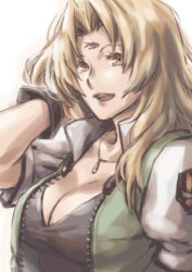 Rule 34 | 1girl, :d, blonde hair, breasts, cleavage, gloves, jacket, jewelry, large breasts, long hair, looking at viewer, lowres, necklace, open mouth, opera vectra, simple background, smile, solo, star ocean, star ocean the second story, third eye, white background, yellow eyes, yokutsuki noa