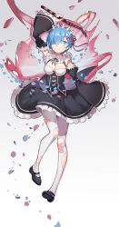 Rule 34 | 10s, 1girl, arm up, black footwear, black ribbon, black skirt, blue eyes, blue hair, breasts, broken, broken chain, chain, cleavage, closed mouth, detached collar, detached sleeves, expressionless, full body, gradient background, hair ornament, highres, holding, kongxin dian, long sleeves, maid, maid headdress, mary janes, matching hair/eyes, pantyhose, petals, re:zero kara hajimeru isekai seikatsu, rem (re:zero), ribbon, shoes, short hair, skirt, sleeves past wrists, solo, torn clothes, torn pantyhose, underbust, white pantyhose, x hair ornament