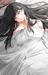 Rule 34 | 1girl, absurdres, black hair, blanket, blue archive, blunt bangs, blush, breasts, hair ornament, hairclip, halo, highres, holding, holding blanket, large breasts, long hair, looking at viewer, on bed, red eyes, rio (blue archive), smile, solo, under covers, very long hair, yuki (asayuki101)