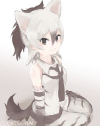 Rule 34 | 10s, 1girl, aardwolf (kemono friends), animal ears, bare shoulders, black eyes, black hair, black necktie, blush, closed mouth, collared shirt, elbow gloves, extra ears, gloves, hair between eyes, kemono friends, long hair, looking at viewer, multicolored hair, necktie, pantyhose, ponytail, print gloves, print pantyhose, shirt, shorts, sitting, sleeveless, sleeveless shirt, smile, solo, tail, tatsuno newo, twitter username, two-tone hair, white hair, wing collar