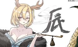 Rule 34 | 1girl, absurdres, antlers, blonde hair, breasts, dragon girl, dragon horns, dragon tail, highres, holding, holding smoking pipe, horns, japanese clothes, kicchou yachie, kimono, looking at viewer, medium breasts, red eyes, short hair, smoke, smoking, smoking pipe, tail, touhou, ve1024