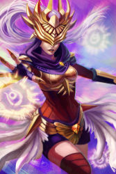 Rule 34 | 1girl, alternate costume, armor, artist name, boobplate, breastplate, feathers, gauntlets, gloves, gold trim, highres, jewelry, justicar syndra, league of legends, light persona, long hair, mask, melody (chukairi), necklace, solo, syndra, white hair