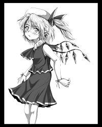 Rule 34 | 1girl, asuima, blouse, female focus, flandre scarlet, from side, greyscale, hair between eyes, hat, monochrome, shirt, simple background, skirt, sleeveless, sleeveless shirt, solo, touhou, white background, wings