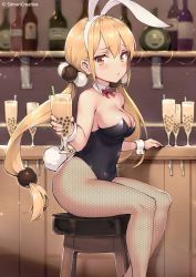 Rule 34 | 1girl, animal ears, bare shoulders, blonde hair, blurry, blurry background, blush, bow, bowtie, breasts, brown eyes, bubble tea, cleavage, covered navel, depth of field, detached collar, fake animal ears, fishnet pantyhose, fishnets, food girls, from side, hairband, haoni, highres, indoors, leotard, long hair, low twintails, medium breasts, pantyhose, parted lips, playboy bunny, rabbit ears, rabbit tail, sitting, solo, twintails, very long hair, wrist cuffs