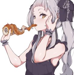 Rule 34 | 1girl, absurdres, adjusting hair, blunt bangs, chocolate cornet, commentary, dress, eating, food, food in mouth, frilled ribbon, frills, grey dress, grey hair, grey ribbon, hair ribbon, harapeko zombie inu, highres, hololive, long hair, looking at viewer, looking to the side, murasaki shion, ribbon, short eyebrows, sidelocks, simple background, sleeveless, sleeveless dress, solo, symbol-only commentary, twintails, upper body, virtual youtuber, wavy hair, white background, wrist cuffs, yellow eyes