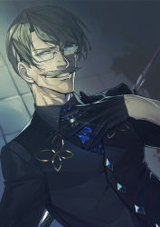 Rule 34 | 1boy, absurdres, alternate hairstyle, black gloves, blue eyes, blue necktie, cocktail shaker, commentary request, facial hair, fate/grand order, fate (series), glasses, gloves, grey hair, hand on own chest, highres, james moriarty (archer) (fate), james moriarty (gray collar) (fate), long sleeves, looking at viewer, male focus, mustache, necktie, official alternate costume, old, old man, shirt, sleeves past elbows, smile, solo, suzuki rui, teeth, upper body, vest