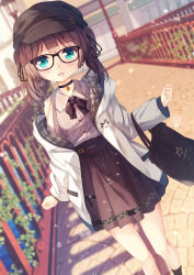 Rule 34 | 1girl, :d, alternate costume, bag, black-framed eyewear, black bow, black choker, black hat, black ribbon, black socks, blurry, blurry background, blush, bow, brown hair, brown shirt, brown skirt, cabbie hat, chinomaron, choker, clothing cutout, collared shirt, commentary request, day, depth of field, dutch angle, glasses, green eyes, hair ribbon, hat, highres, hololive, jacket, long sleeves, looking at viewer, nail polish, natsuiro matsuri, natsuiro matsuri (casual), off shoulder, open clothes, open jacket, open mouth, outdoors, railing, ribbon, shirt, shoulder cutout, skirt, smile, socks, solo, standing, twintails, virtual youtuber, white jacket