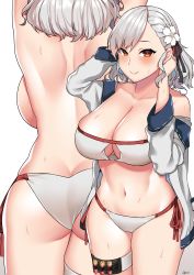 Rule 34 | 1girl, absurdres, arms up, ass, back, backboob, bikini, blush, breasts, butt crack, cleavage, cleavage cutout, closed mouth, clothing cutout, collarbone, cowboy shot, flower, girls&#039; frontline, hair flower, hair ornament, hands in hair, highres, j.moon, jacket, large breasts, long sleeves, looking at viewer, multiple views, navel, off shoulder, official alternate costume, open clothes, open jacket, red eyes, red ribbon, ribbon, short hair, shoulder blades, side-tie bikini bottom, signature, silver hair, simple background, smile, spas-12 (girls&#039; frontline), stomach, strapless, strapless bikini, sweat, swimsuit, thigh strap, topless, white background, white bikini, white flower, white jacket