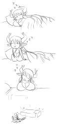 Rule 34 | 4koma, bed, breasts, cleavage, cleavage cutout, clothing cutout, comic, commentary, greyscale, highres, horns, large breasts, long hair, matsu-sensei, monochrome, original, pointy ears, silent comic, sleeping, what, zzz