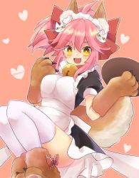 Rule 34 | 10s, 1girl, @ @, alternate costume, animal ears, animal hands, apron, bell, breasts, collar, enmaided, fang, fate/extra, fate/grand order, fate (series), fox ears, fox tail, hair ribbon, highres, large breasts, long hair, looking at viewer, maid, maid apron, maid headdress, neck bell, open mouth, paw shoes, pink hair, ribbon, solo, tail, tamamo (fate), tamamo cat (fate), tamamo cat (second ascension) (fate), tamamo no mae (fate/extra), waist apron, white legwear, yellow eyes
