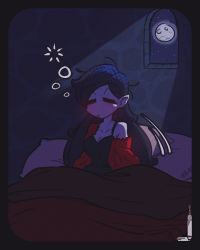 Rule 34 | 1girl, = =, artist name, bed, black border, border, closed mouth, facing viewer, full moon, highres, jacket, loen, long hair, moon, moonlight, nightgown, off shoulder, on bed, original, pillow, red jacket, sitting, sleepy, solo, very long hair