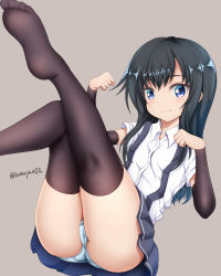 Rule 34 | 1girl, aqua panties, arm warmers, asashio (kancolle), ass, black hair, black thighhighs, blue eyes, brown background, collared shirt, flat chest, hair between eyes, highres, kantai collection, long hair, looking at viewer, no shoes, panties, shirt, short sleeves, signature, simple background, sitting, skirt, solo, suspender skirt, suspenders, tamayan, thighhighs, twitter username, underwear, white shirt