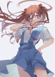 Rule 34 | 1girl, blue dress, blue eyes, breasts, closed mouth, dress, grey background, hair between eyes, hand on own hip, highres, interface headset, long hair, mei (maple 152), neck ribbon, neon genesis evangelion, orange hair, pinafore dress, red ribbon, ribbon, school uniform, shirt, short sleeves, simple background, sleeveless dress, small breasts, solo, souryuu asuka langley, tokyo-3 middle school uniform, white shirt
