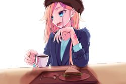 Rule 34 | 1girl, aqua eyes, aqua shirt, beret, blazer, blonde hair, coffee, coffee cup, cup, disposable cup, dying0414, earrings, food, hair ornament, hairclip, hat, holding, holding cup, ia (vocaloid), jacket, jewelry, long hair, looking to the side, open mouth, ring, sandwich, shirt, simple background, sitting, sleeves past elbows, smile, solo, upper body, vocaloid, white background