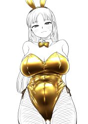 Rule 34 | 1girl, absurdres, animal ears, arms behind back, bare shoulders, bow, bowtie, breasts, cameltoe, covered navel, cowboy shot, crotch seam, detached collar, fake animal ears, fishnet pantyhose, fishnets, golden week, half-closed eyes, highleg, highleg leotard, highres, kaiman garupan, large breasts, leotard, long hair, looking at viewer, nijisanji, pantyhose, parted bangs, playboy bunny, rabbit ears, side-tie leotard, simple background, sister claire, solo, spot color, strapless, strapless leotard, sweatdrop, taut leotard, traditional bowtie, very long hair, virtual youtuber, white background, yellow bow, yellow bowtie, yellow leotard