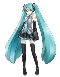 Rule 34 | 1girl, aqua eyes, aqua hair, boots, detached sleeves, full body, hatsune miku, headset, highres, light smile, long hair, looking at viewer, necktie, skirt, sleeves past wrists, solo, thigh boots, thighhighs, transparent background, twintails, very long hair, vocaloid, yuunagi show
