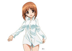 Rule 34 | 10s, 1girl, artist name, brown eyes, brown hair, commentary, cowboy shot, cwind, dress shirt, girls und panzer, long sleeves, looking at viewer, nishizumi miho, no pants, open mouth, panties, purple panties, shirt, shirt hold, short hair, signature, simple background, smile, solo, standing, underwear, white background, white shirt