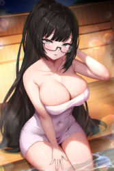 Rule 34 | 1girl, absurdres, arm up, bare arms, black hair, blunt bangs, blush, breasts, cleavage, closed mouth, collarbone, commentary request, dadamyu, glasses, grey eyes, highres, large breasts, lens flare, long hair, naked towel, onsen, original, parted lips, semi-rimless eyewear, sitting, smile, thighs, towel, under-rim eyewear, wooden wall
