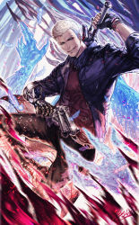 Rule 34 | 1boy, black footwear, black gloves, black pants, blue coat, blue eyes, coat, commentary, devil may cry (series), devil may cry 5, fingerless gloves, gloves, greatsword, holding, holding sword, holding weapon, jiao mao, looking at viewer, male focus, nero (devil may cry), pants, prosthesis, prosthetic arm, red sweater, shoes, single glove, sleeves pushed up, solo, sweater, sword, weapon, white hair