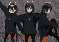 Rule 34 | 3girls, black hair, black legwear, black sweater, closed mouth, commentary, cowboy shot, daruma karei, frown, grey background, halo, highres, jewelry, long sleeves, looking at viewer, multiple girls, necklace, orange eyes, original, outstretched arms, pantyhose, short hair, sweater, turtleneck, turtleneck sweater