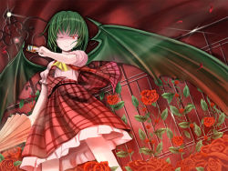 Rule 34 | 1girl, ascot, aw, bad id, bad pixiv id, bat wings, card, closed umbrella, dutch angle, female focus, fence, flower, green hair, holding, holding card, kazami yuuka, one eye closed, plaid, plaid skirt, plaid vest, red eyes, red flower, red rose, rose, shaded face, short hair, skirt, skirt set, solo, touhou, umbrella, vest, wings