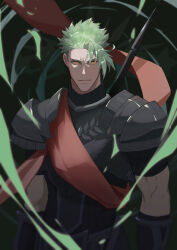 Rule 34 | 1boy, absurdres, achilles (fate), armor, arms at sides, expressionless, fate/apocrypha, fate (series), green hair, haruakira, highres, looking at viewer, male focus, muscular, muscular male, orange eyes, orange sash, ribbed shirt, shirt, short hair, short sleeves, shoulder armor, solo, straight-on, undercut, upper body