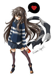 Rule 34 | 1girl, ankle boots, black footwear, black scarf, black skirt, black thighhighs, blush, boots, broken heart, brown eyes, brown hair, character name, closed mouth, crossed bangs, doromini, eyes visible through hair, full body, gift, girls&#039; frontline, hair between eyes, hair ornament, hands up, heart, heckler &amp; koch, highres, holding, holding gift, long hair, looking at viewer, miniskirt, one side up, pleated skirt, pouch, scar, scar across eye, scar on face, scarf, shaded face, sidelocks, simple background, skirt, smile, solo, spoken heart, standing, striped clothes, striped scarf, striped sweater, sweater, thigh strap, thighhighs, ump45 (girls&#039; frontline), valentine, very long hair, white background, yandere, zettai ryouiki