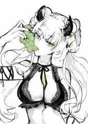 Rule 34 | 1girl, between breasts, blush, bra, breasts, choker, double bun, eating, fingernails, food, frilled bra, frills, fruit, grapes, green eyes, green theme, hand up, head tilt, highres, holding, holding food, holding fruit, horns, large breasts, long hair, looking at viewer, monochrome, nail polish, neck ribbon, neko (ganecooo), original, ribbon, ribbon choker, simple background, solo, spot color, underwear, upper body, white background